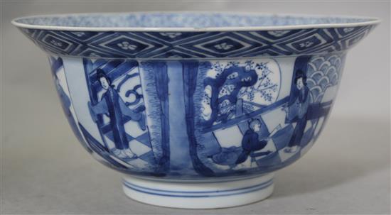 A Chinese blue and white flared bowl, Kangxi six character mark and of the period, 20cm diam., cracked